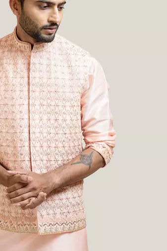 Peach Hand Embroidered Nehru Jacket