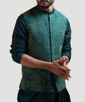 Moss Green Embroidered Nehru Jacket 3