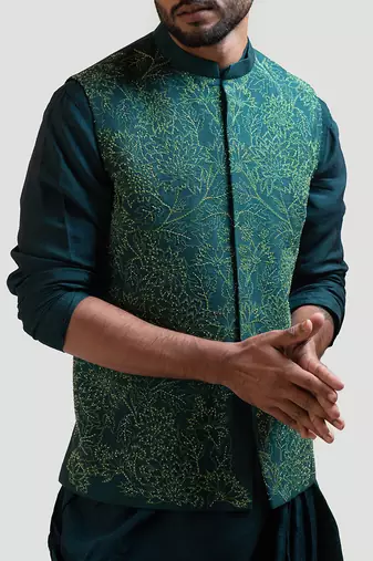 Moss Green Embroidered Nehru Jacket