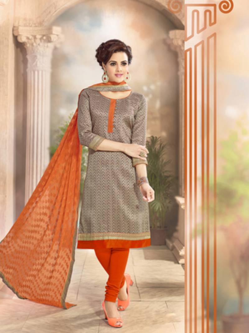 Brown printed Banglori Silk unstitched salwar with dupatta