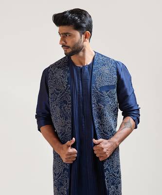 Navy Blue Embroidered Long Jacket 3