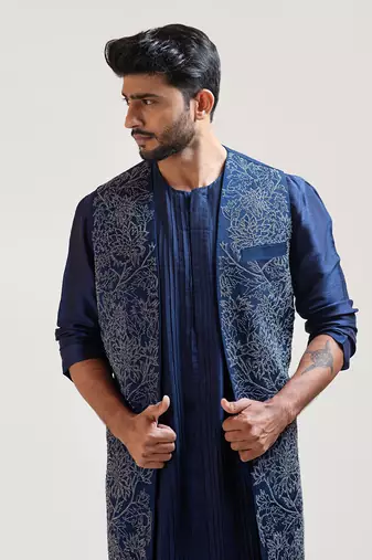 Navy Blue Embroidered Long Jacket