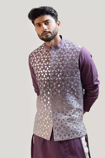 Lavender Ombre Rexin Applique Nehru Jacket