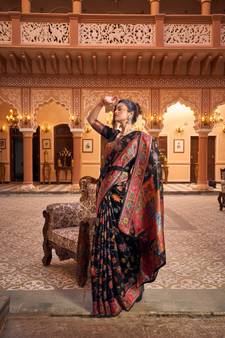Black Soha Pashmina Kashmiri Modaal silk Handloom Ocassional Weaving Collection Saree With Blouse For Women