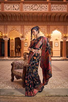 Black Soha Pashmina Kashmiri Modaal silk Handloom Ocassional Weaving Collection Saree With Blouse For Women 2