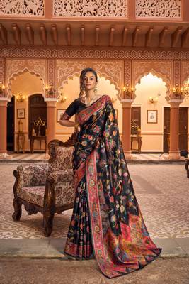 Black Soha Pashmina Kashmiri Modaal silk Handloom Ocassional Weaving Collection Saree With Blouse For Women 3