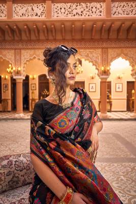 Black Soha Pashmina Kashmiri Modaal silk Handloom Ocassional Weaving Collection Saree With Blouse For Women 4