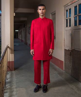 Red Max Mayfield Kurta Sherwani Set 1