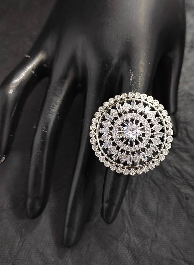 Silver American Diamond Beaded Adjustable Ring