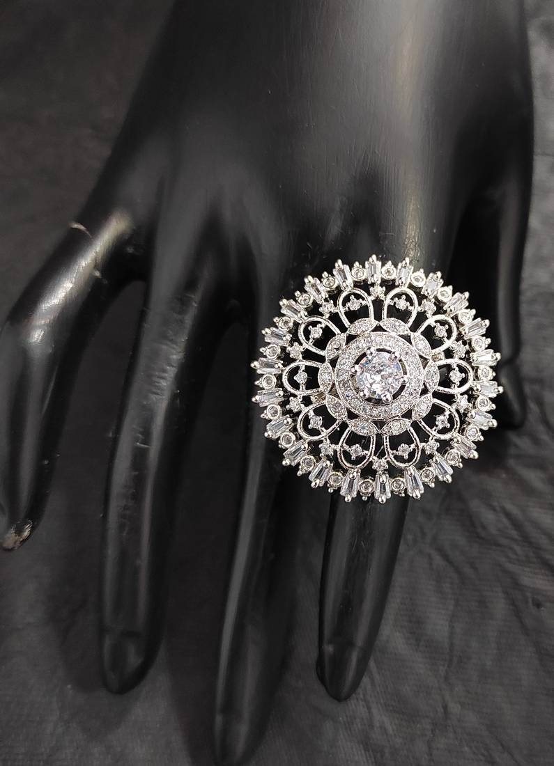 Silver American Diamond Beaded Adjustable Ring POOJA CREATION