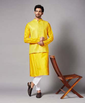Mustard Yellow Mirrored Nehru Jacket Set 1