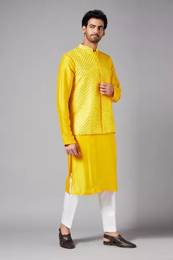 Mustard Yellow Mirrored Nehru Jacket Set