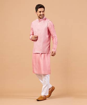 Solid Light Pink Pinoret Mirrored Nehru Jacket Set 1