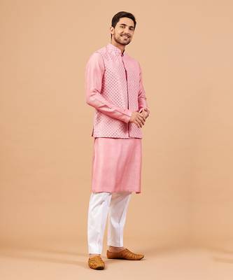 Solid Light Pink Pinoret Mirrored Nehru Jacket Set 2