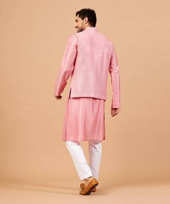 Solid Light Pink Pinoret Mirrored Nehru Jacket Set 3