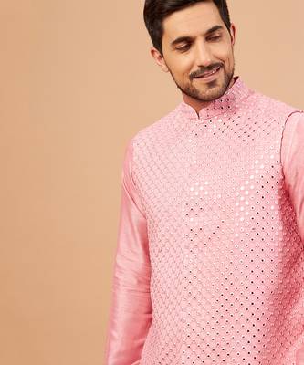 Solid Light Pink Pinoret Mirrored Nehru Jacket Set 4