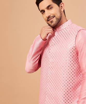 Solid Light Pink Pinoret Mirrored Nehru Jacket Set 5