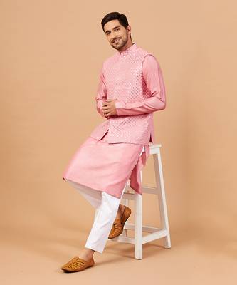 Solid Light Pink Pinoret Mirrored Nehru Jacket Set 6