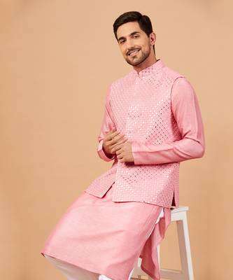 Solid Light Pink Pinoret Mirrored Nehru Jacket Set 7