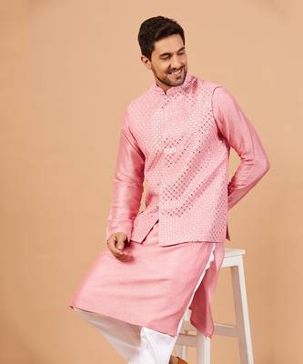 Solid Light Pink Pinoret Mirrored Nehru Jacket Set 8