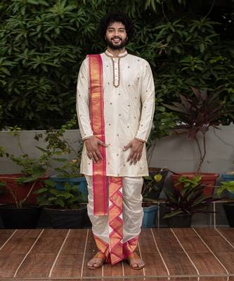 Beige Hand Embroidered Pattu Set 1