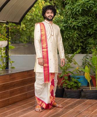 Beige Hand Embroidered Pattu Set 3