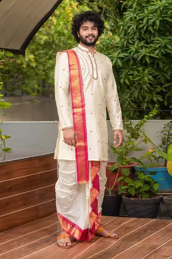 Beige Hand Embroidered Pattu Set