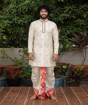 Beige Hand Embroidered Pattu Set 4