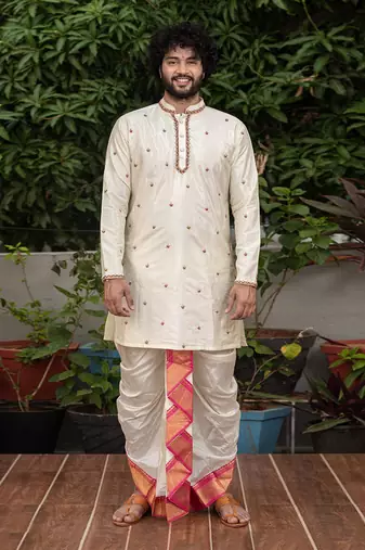 Beige Hand Embroidered Pattu Set