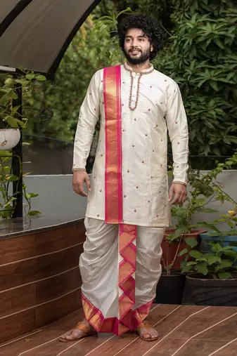 Beige Hand Embroidered Pattu Set