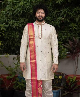 Beige Hand Embroidered Pattu Set 7