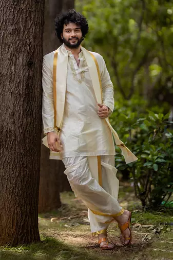 White Machine Embroidered Pattu Set
