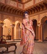 Peach Soha Pashmina Kashmiri Modaal Silk Handloom Ocassional Weaving Collection Saree With Blouse For Women