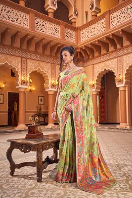 Pista Soha Pashmina Kashmiri Modaal Silk Handloom Ocassional Weaving Collection Saree With Blouse For Women 3