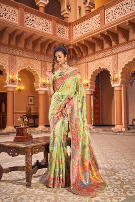 Pista Soha Pashmina Kashmiri Modaal Silk Handloom Ocassional Weaving Collection Saree With Blouse For Women 5