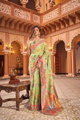 Pista Soha Pashmina Kashmiri Modaal Silk Handloom Ocassional Weaving Collection Saree With Blouse For Women 6