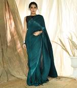 Teal Pleated Fringe Saree Set