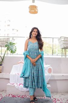 Teal-blue block print pure cotton salwar