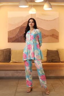 Blue printed silk salwar