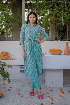 Sea-green block print pure cotton salwar