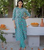 Sea-green block print pure cotton salwar