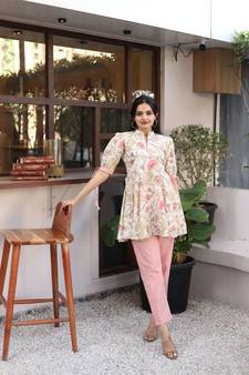 Cream block print pure cotton salwar