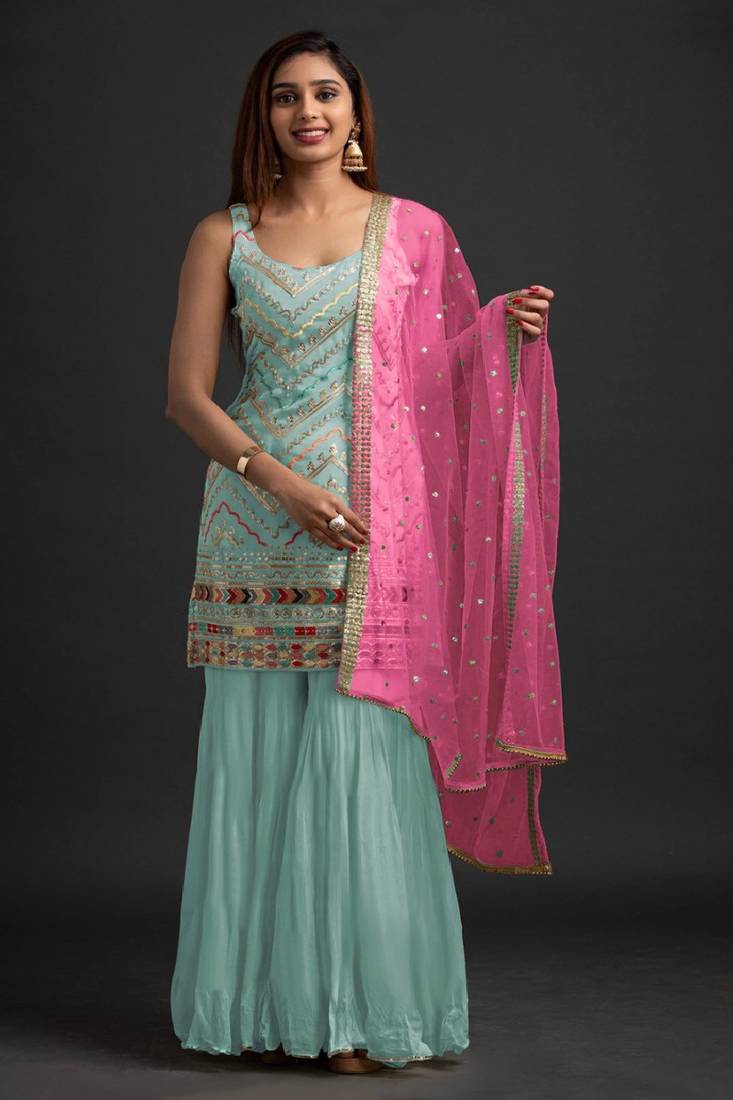 Georgette Sky Blue Embroidered Trendy Salwar Kameez
