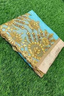 Trendmalls Trendmalls  Shiny Lycra Silk Embroidery Turquoise Party Wear Saree With Blouse
