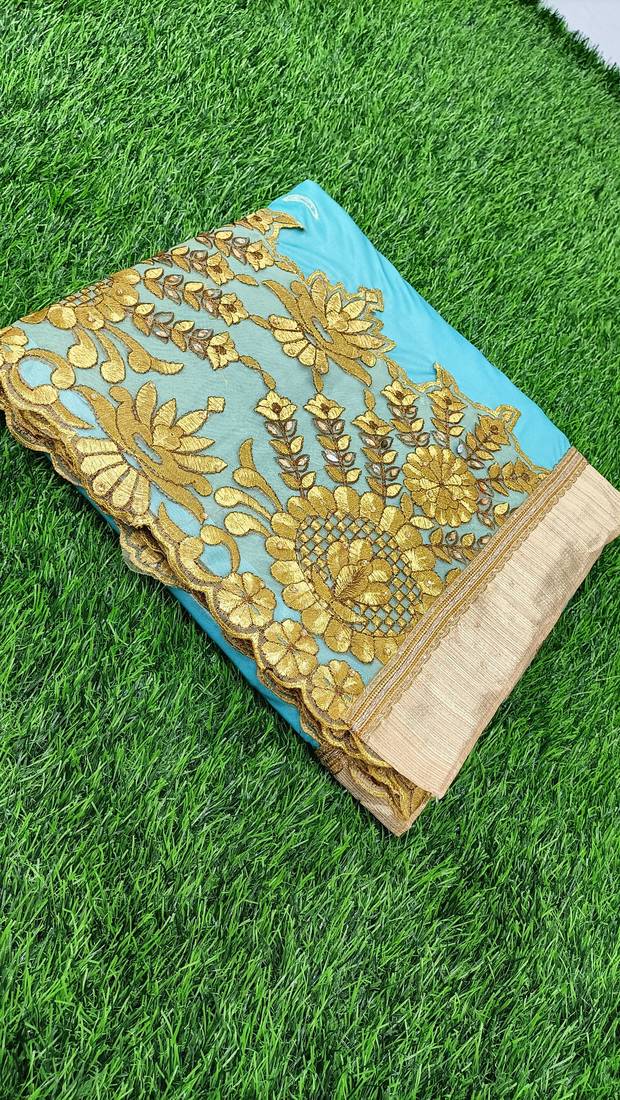 Trendmalls  Shiny Lycra Silk Embroidery Turquoise Party Wear Saree With Blouse