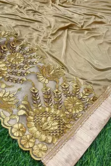 Trendmalls  Shiny Lycra Silk Embroidery Gold Saree With Blouse