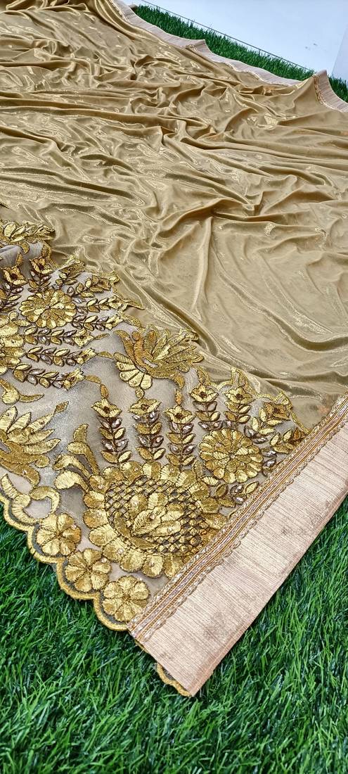  Shiny Lycra Silk Embroidery Gold Saree With Blouse
