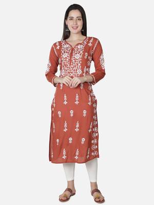Orange embroidered cotton chikankari-kurtis 1