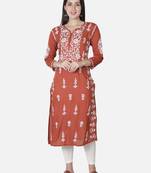 Orange embroidered cotton chikankari-kurtis