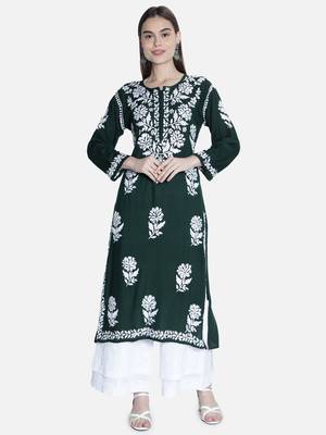 Green embroidered cotton chikankari-kurtis 1